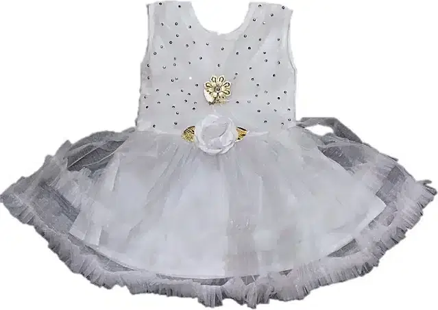 Netted Frock for Girls (White, 3-6 Months)