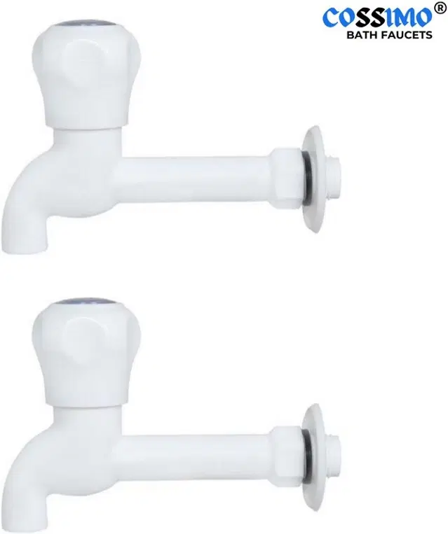 Plastic Long Body Bib Cock Tap with Wall Flange, White, Set of 2