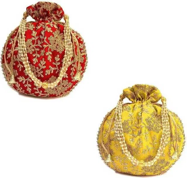 Cotton Silk Ethnic & Traditional Handheld Potli for Women, Maroon & Yellow, Pack of 2, A-01
