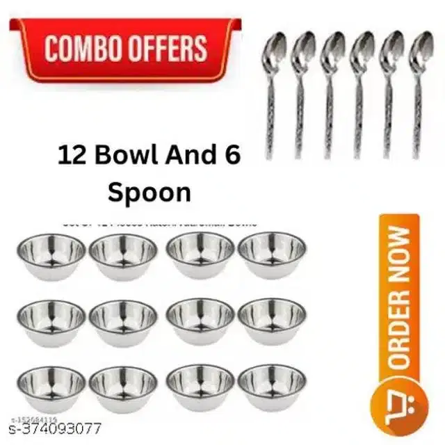 Stainless Steel 12 Pcs Bowls with 6 Pcs Spoon, Silver, Set of 2