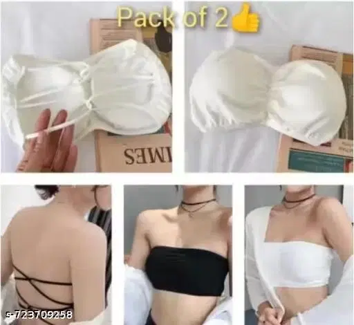 Bandeau/Tube Bra with Bows for Women, Pack of 2 (White, S)