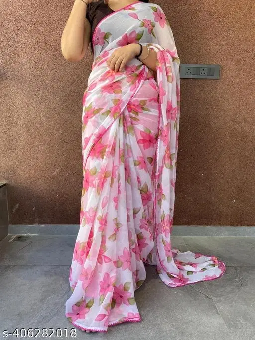 Georgette Abstract Saree for Women (Pink & White, 6.3 m)