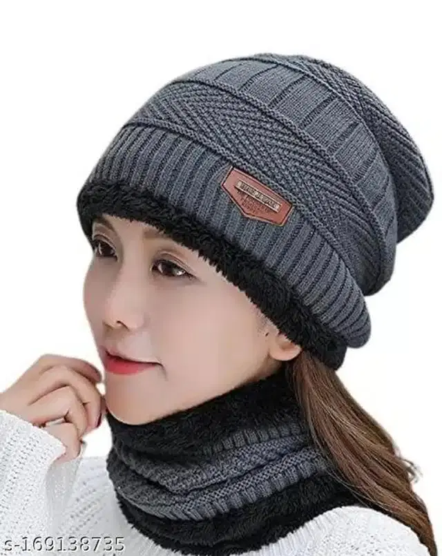 Cotton Winter Beanie Cap with Neck Warmer for Women (Grey & Black, Free Size)