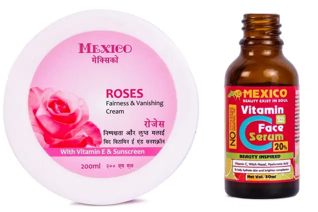 Maxico Herbs Vitamin C Serum (30 ml) with Rose Fairness Cream, Pack of 2