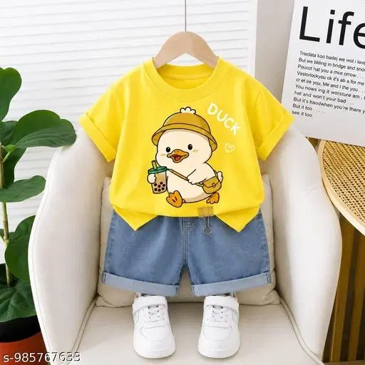 Duck Print T-Shirt & Denim Shorts Co-ord Set for Kids (Lemon Yellow, 6-9 Months)