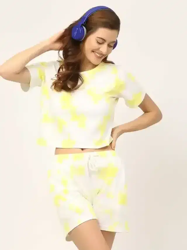 Rigo Tie & Dye Crop Top and Shorts Set for Women (Yellow, S)