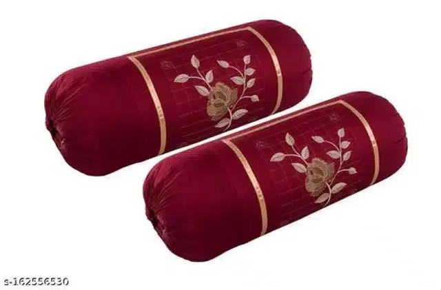 Embroidered Cotton Bolster Cover, Maroon, 16x20 inches, Pack of 2