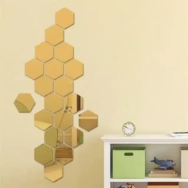 Acrylic Hexagon Shaped Wall Mirror Stickers, Gold, Pack of 20