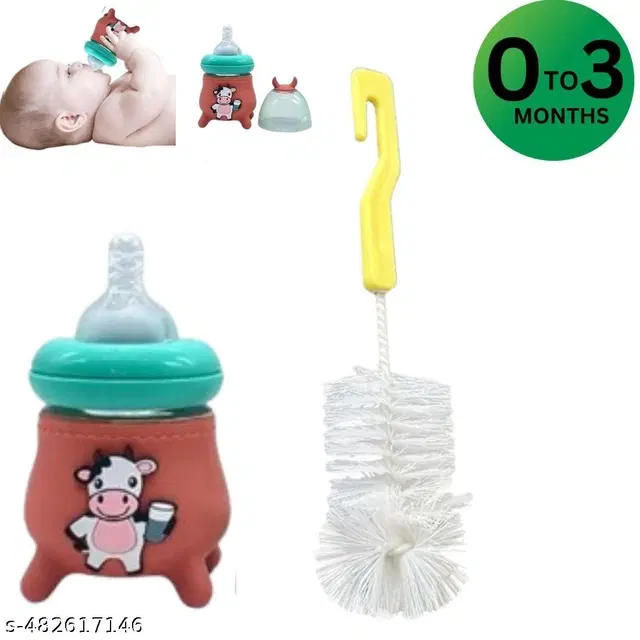 Baby Milk Feeding Bottle, 120 ml with Cleaning Brush, Multicolor, Set of 2