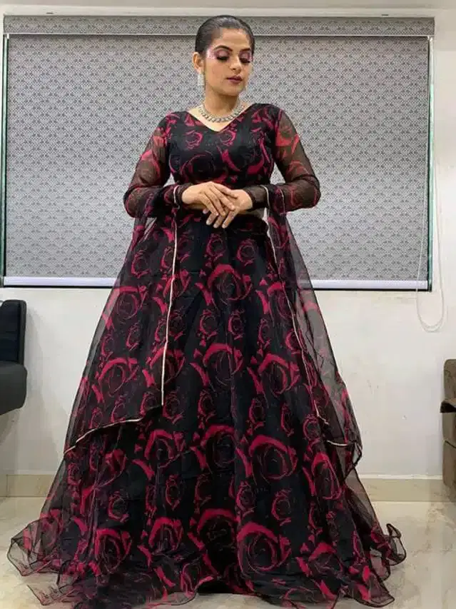 Organza Semi Stitched Lehenga Choli for Women (Maroon, Free Size)