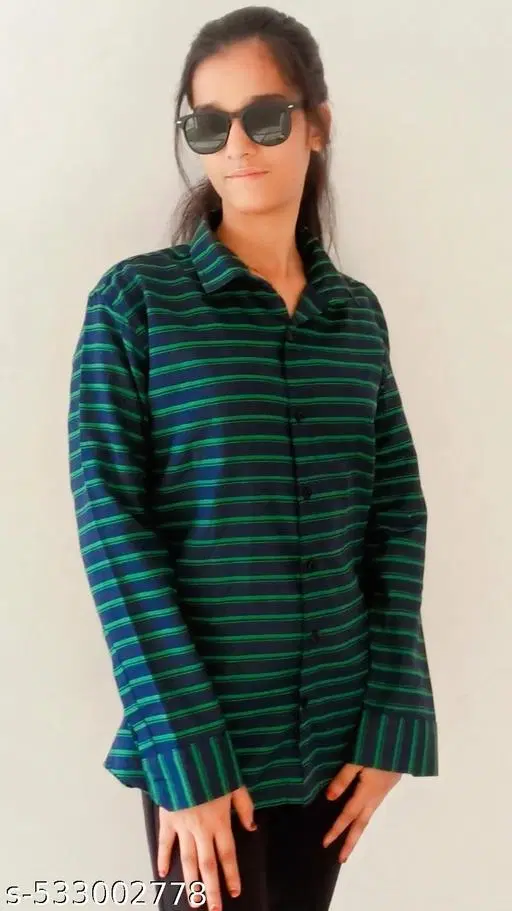 Cotton Blend Striped Shirt for Women, Green (S)