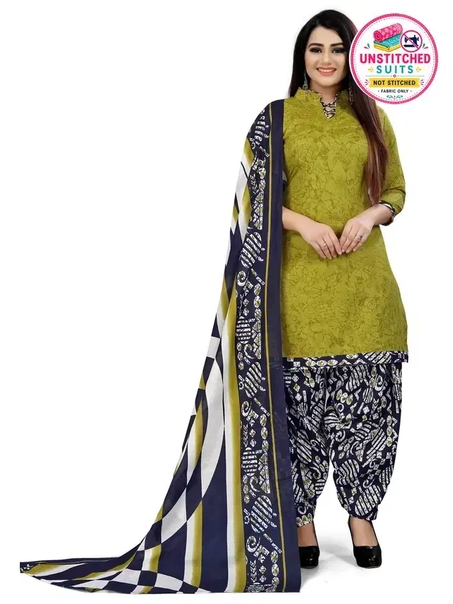 Cotton Blend Printed Unstitched Suit with Dupatta for Women, Green