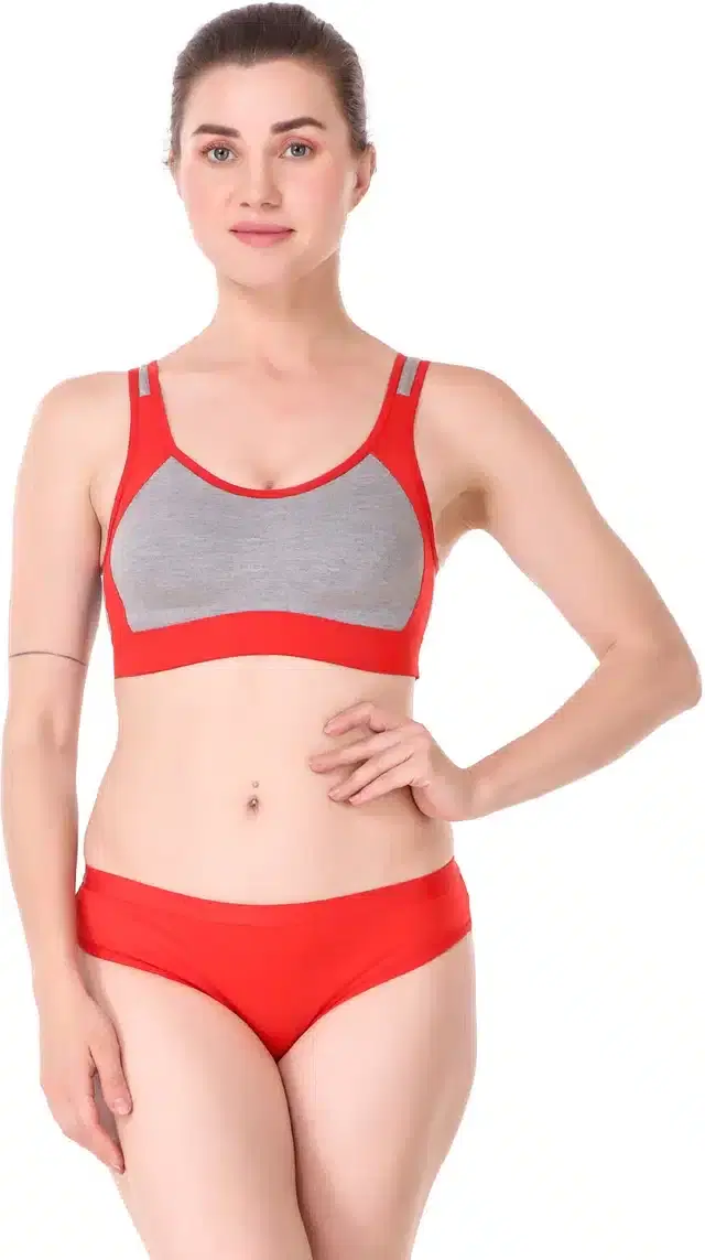 Cotton Blend Lingerie Set for Women (Red, 36)