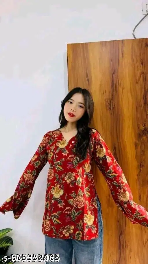 Rayon Printed Short Kurti for Women, Red (L)