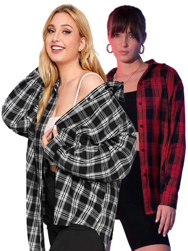 Full Sleeves Printed Shirt for Women, Pack of 2 (Black & Red, L)