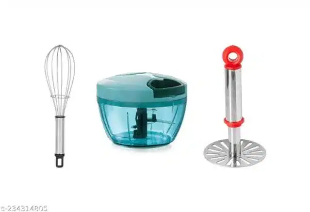 Manual Chopper with Masher & Whisk, Multicolor, Set of 3