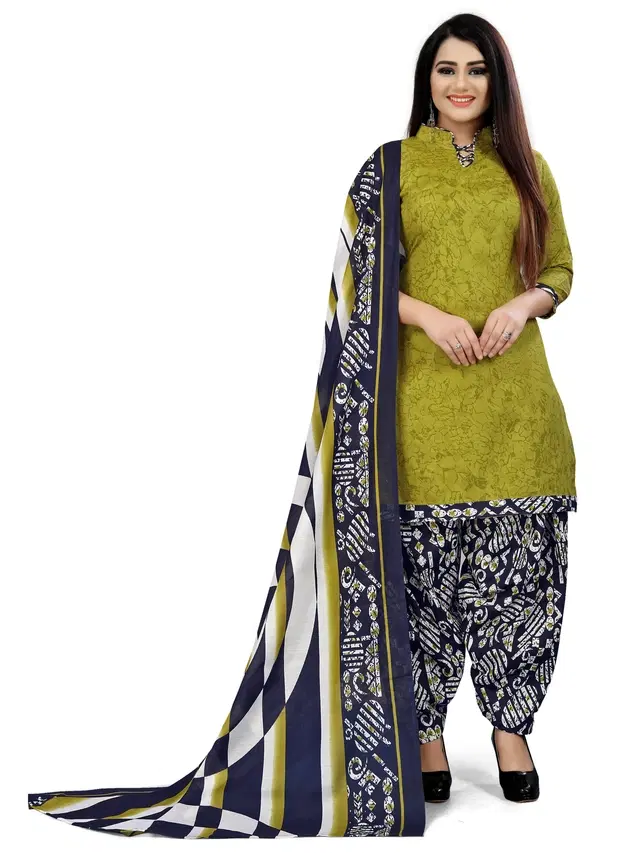 Cotton Blend Printed Unstitched Suit with Dupatta for Women, Green
