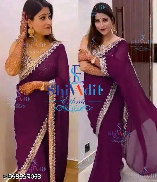 Chiffon Solid Saree For Women, Purple