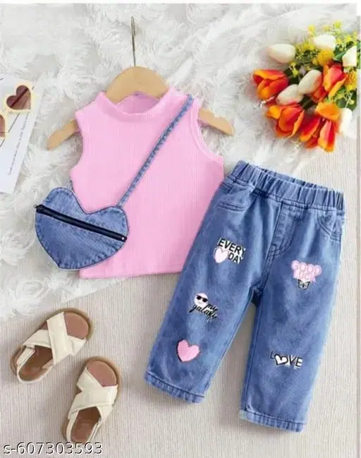 Hosiery Cotton & Denim Printed Clothing Set for Kids, Pink & Blue (0-3 Months)