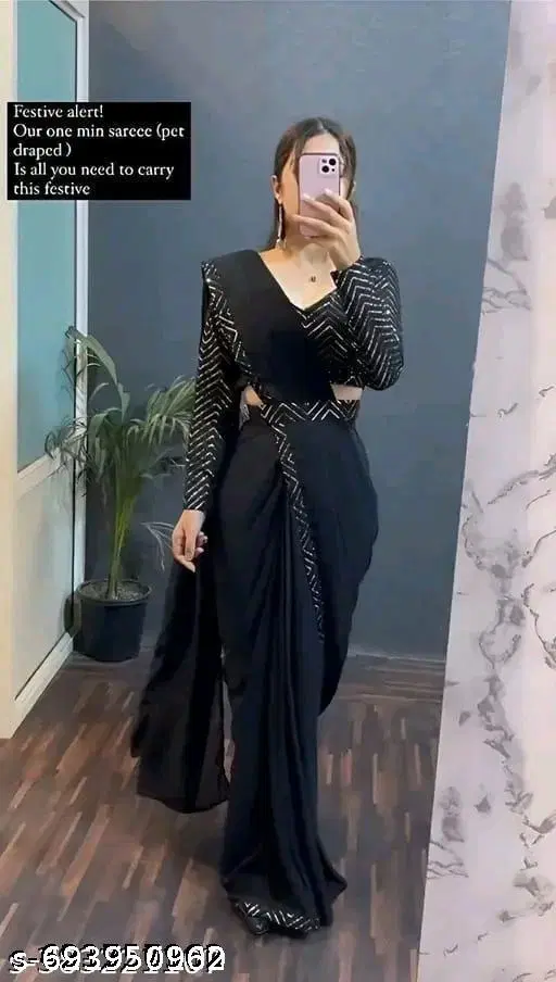 Georgette Solid Saree For Women, Black
