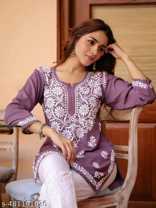 Rayon Kurti with 3/4 Sleeves & Neck Embroidery for Women (Pink, S)