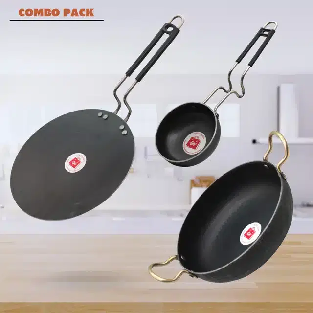 Frying Pan & Tawa Set, Pack of 3, Black, 1200 ml