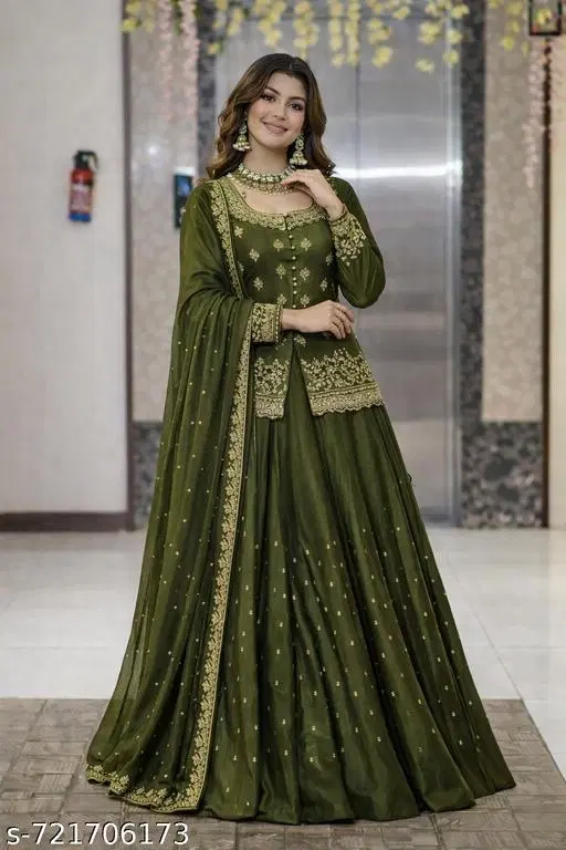 Embroidered Lehenga Choli for Women (Mehendi, S)