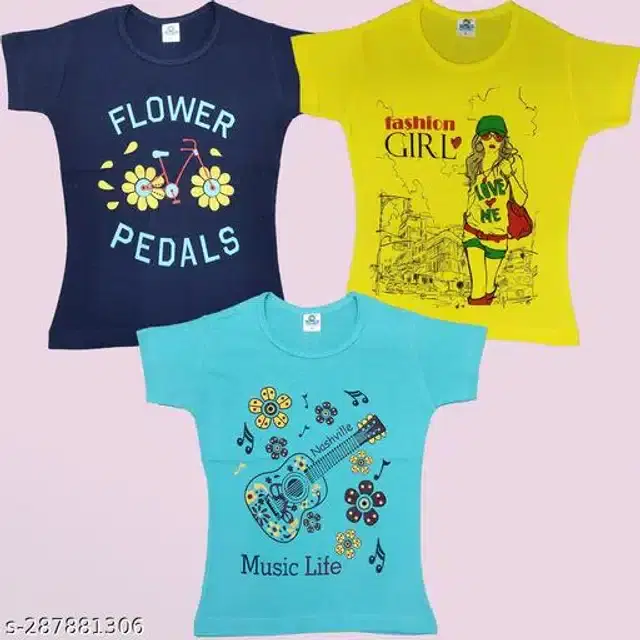 Cotton Half Sleeves T-Shirt for Girls, Pack of 3 (Multicolor, 2-3 Years)