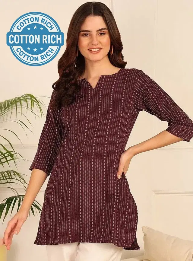 Cotton Blend Striped Short Kurti for Women, Brown (L)