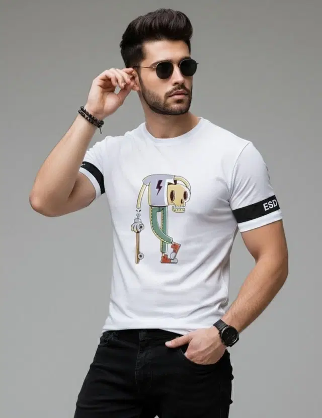 Polyester Printed T-shirt for Men, White (XL)