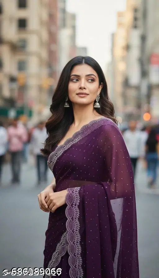 Chiffon Embellished Saree For Women, Purple