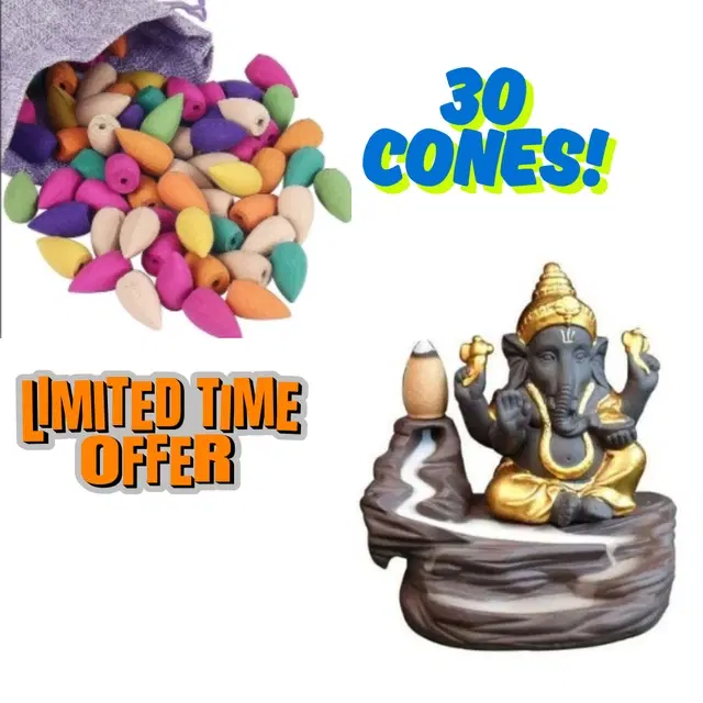 Poly Resin Ganesh Showpiece with 30 Pcs Backflow Smoke Cones, Brown, Set of 1