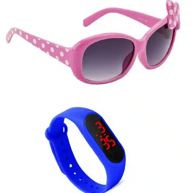 UV Protected Sunglass with Digital Watch for Boys & Girls, Set of 2 (Pink & Blue)