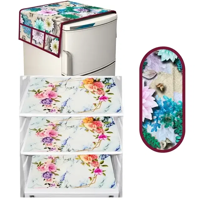 Waterproof Fridge Cover, With 3xFridge Mat And 1 xHandle Cover Pack Of 5 Blue Multi Flower