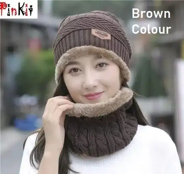 Winter Cap with Neck Warmer for Men & Women, Set of 1 (Brown)