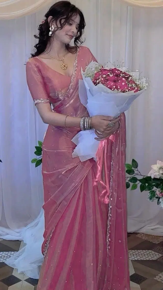 Organza Embellished Saree For Women, Pink
