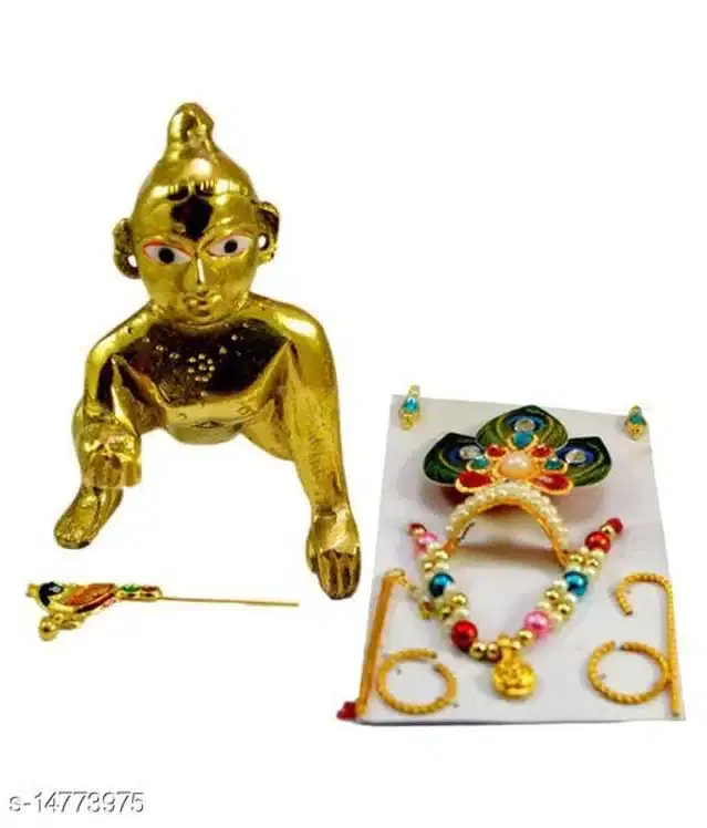 Metal Laddu Gopal Ji Idol with Jewellery Set, Multicolor, Set of 2