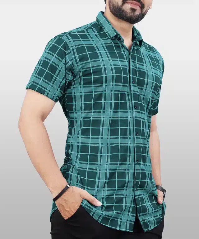 Half Sleeves Checkered Shirt for Men (Green, XL)