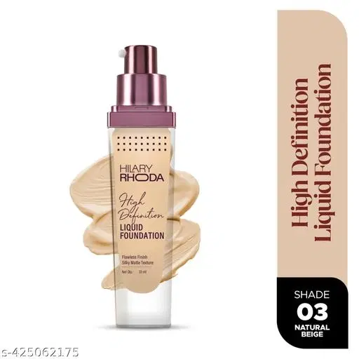 Hilary Rhoda High Definition Foundation | Hides Pores & Blemishes | Hd Foundation For All Skin Types | Blendable Formula | Matte & Natural Finish High Coverage | 33 ml (Natural Beige| Shade 03)