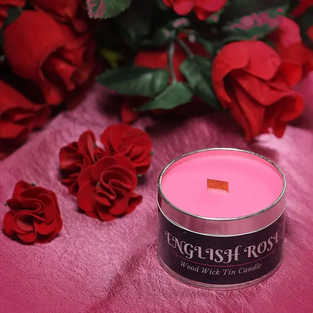 Floish Decor Premium English Rose Scented Tin Wood Wick Candle