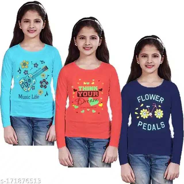 Cotton Full Sleeves T-Shirt for Girls, Pack of 3 (Multicolor, 2-3 Years)