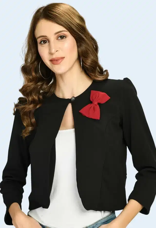Three Quarter Sleeves Shrug for Women (Black, S)