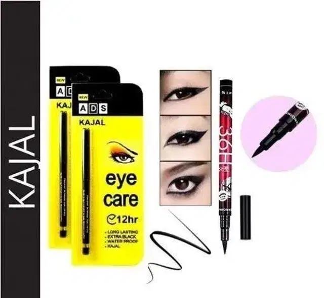 Ads 2 Pcs Kajal with 36h Eye Liner, Black, Set of 3