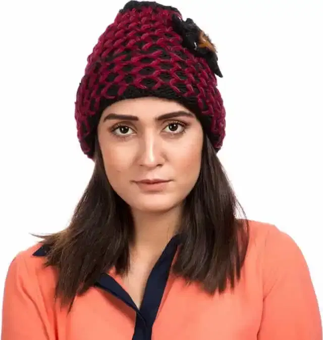 Women Woolen Fur Cap (Maroon, Free Size) (BM021)