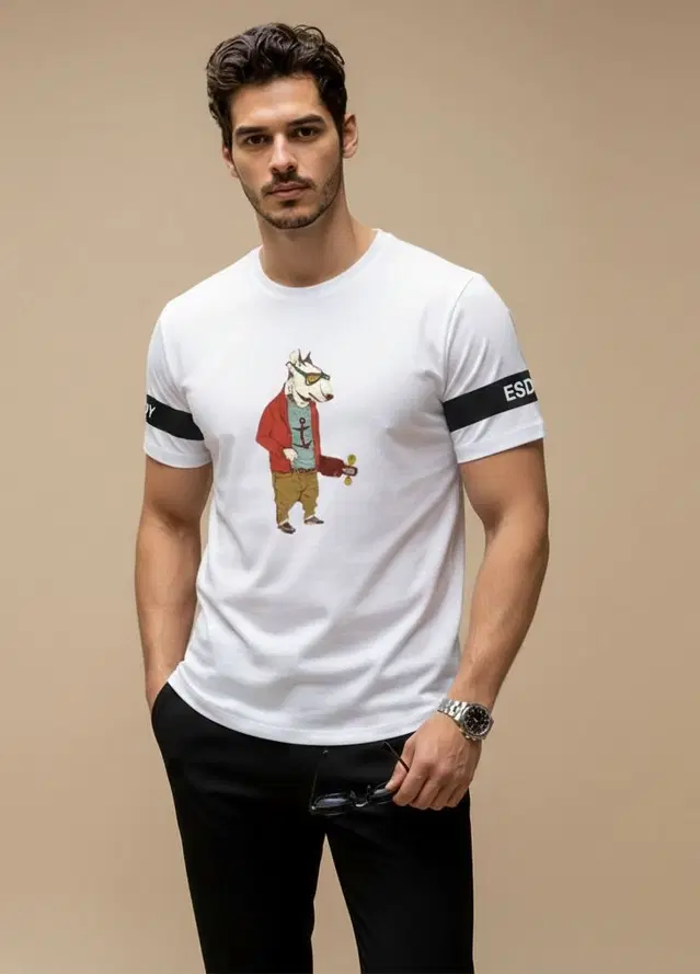Polyester Printed T-shirt for Men, White (XL)