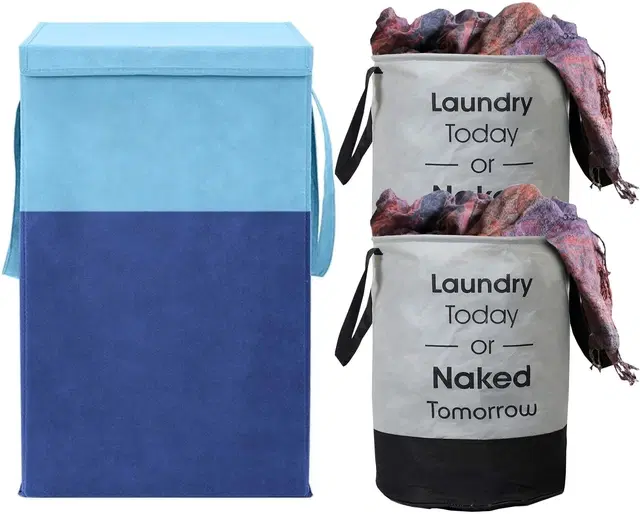 Canvas Laundry Basket,Blue & Grey,  (Pack Of 3)