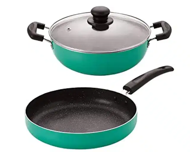 Aluminium Non Stick Fry Pan with Kadhai & Glass Lid, Set of 2, Green