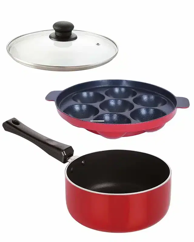 Non Stick Coated Aluminium Sauce Pan with Appam Maker Combo & Lid, Red, Set of 3