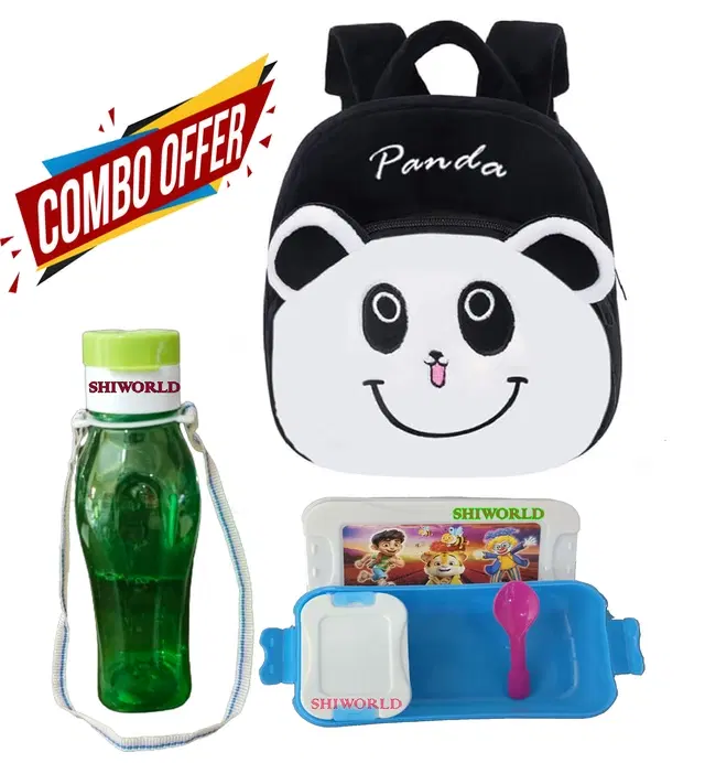Combo of Fabric School Bag, Water Bottle with Lunch Box for Kids, Multicolor, Set of 3