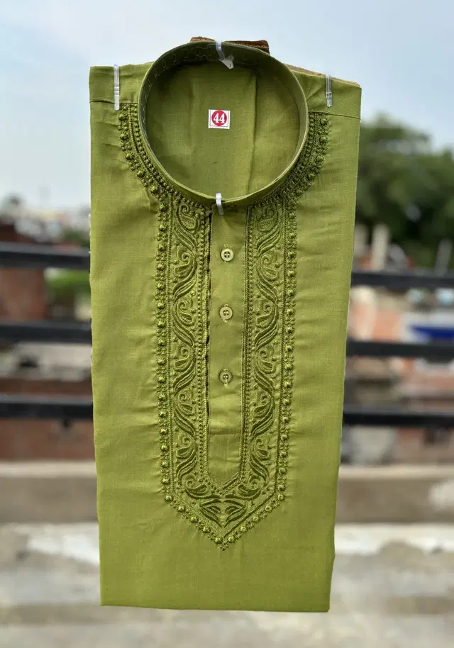 Cotton Embroidered Kurta for Men (Green, M)